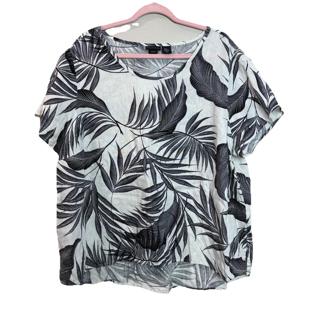 Tahari Women's Top 2X White T-Shirt Leaf Print Linen Short Sleeve‎ Blouse Shirt